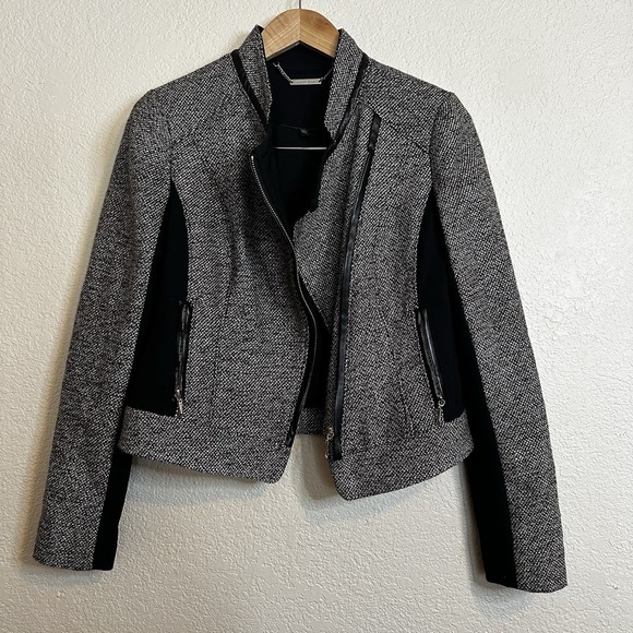 White House Black Market Women's Size 4 Vegan Leather Ponte Jacket Top Tweed Zip - Picture 2 of 7
